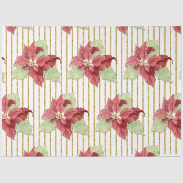 Christmas Poinsettia Floral Gold Glitter Stripe  Tissue Paper (Front)