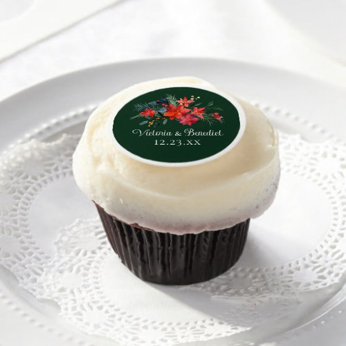 Christmas Poinsettia Floral Green Custom Wedding  Edible Frosting Rounds