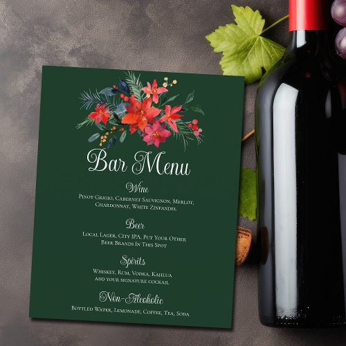 Christmas Poinsettia Floral Green Wedding Bar Menu