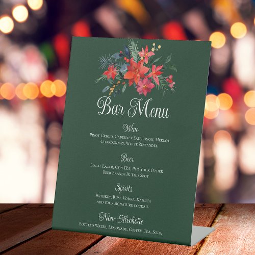 Christmas Poinsettia Floral Green Wedding Bar Menu Pedestal Sign