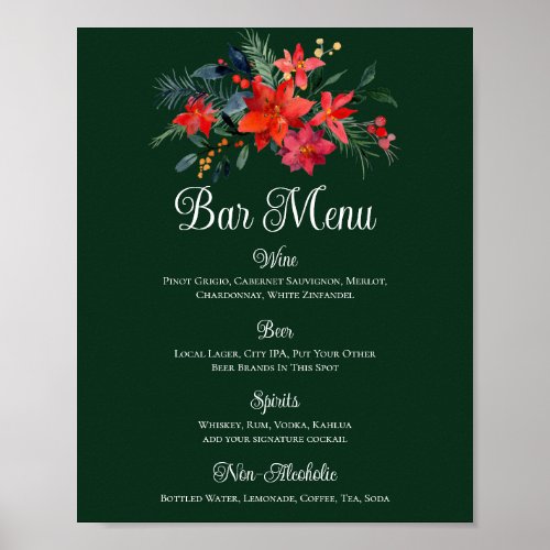 Christmas Poinsettia Floral Green Wedding Bar Menu Poster