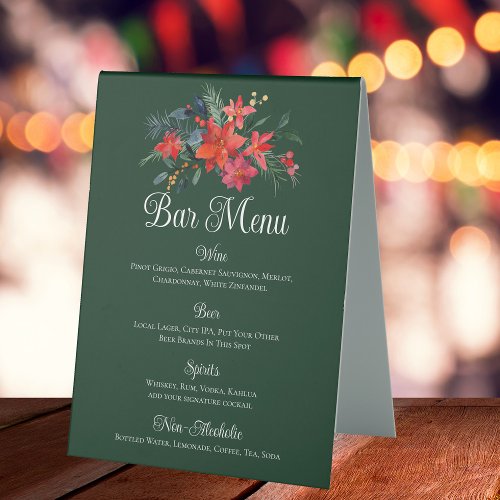 Christmas Poinsettia Floral Green Wedding Bar Menu Table Tent Sign