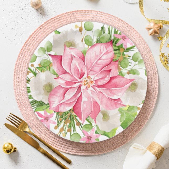 Christmas Poinsettia Floral Holiday Paper Plates (Creator Uploaded)
