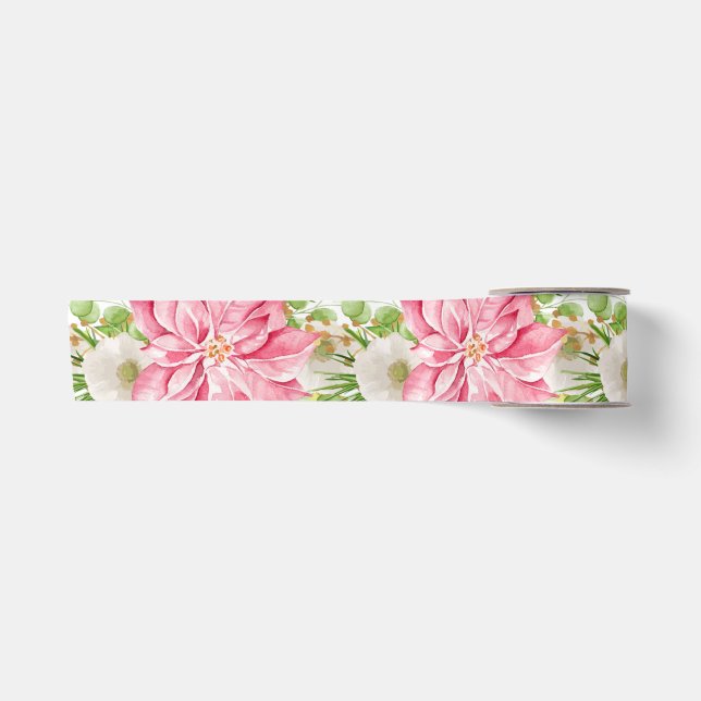 Christmas Poinsettia Floral Holiday Satin Ribbon (Front)
