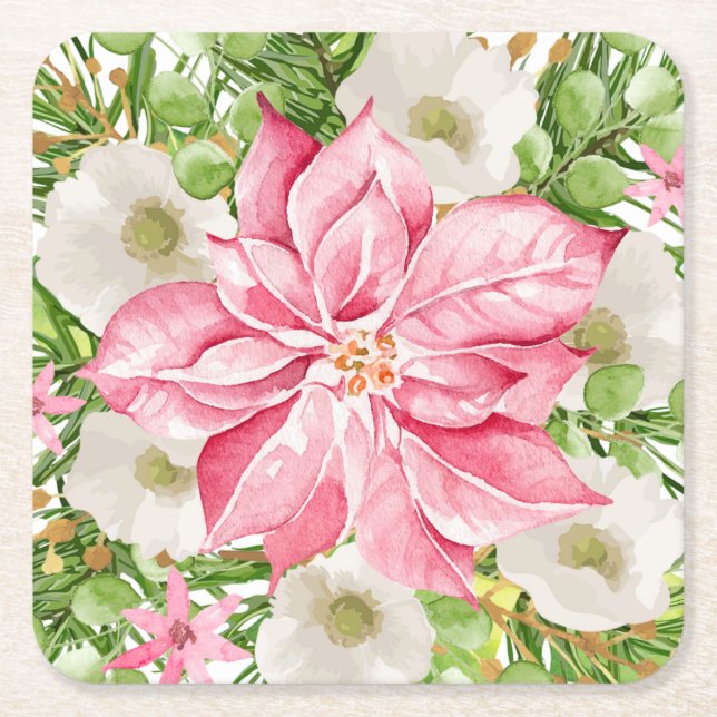 Christmas Poinsettia Floral Holiday Square Paper Coaster (Front)