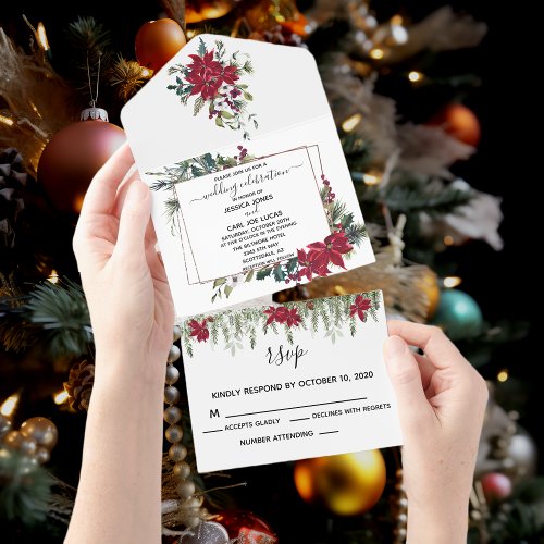 Christmas Poinsettia Floral Holiday Winter All In One Invitation