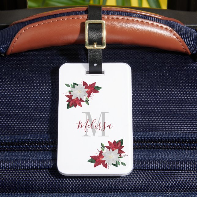 Christmas Poinsettia Floral Monogram  Luggage Tag (Front Insitu 2)