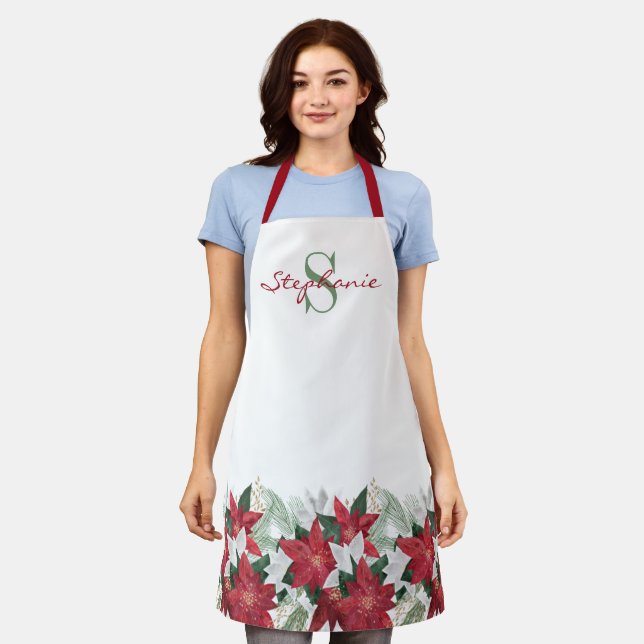 Christmas Poinsettia Floral Monogram Name  Apron (Worn)