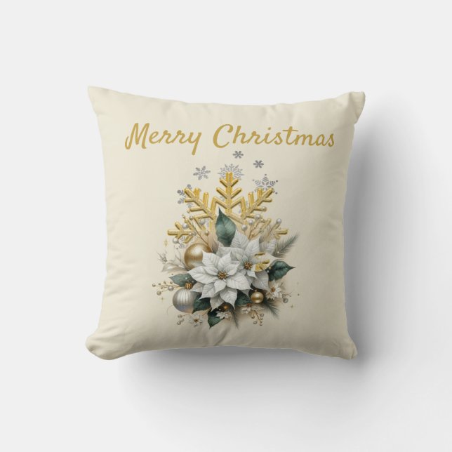 Christmas  Poinsettia Floral on Ecru  Throw Pillow (Front)