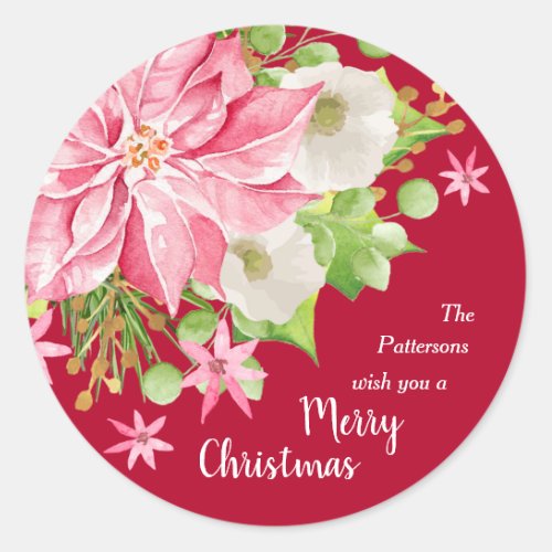 Christmas Poinsettia Floral Red Holiday Classic Round Sticker