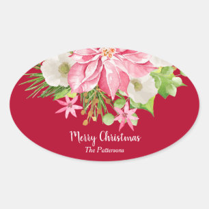 Christmas Poinsettia Floral Red Holiday Oval Sticker