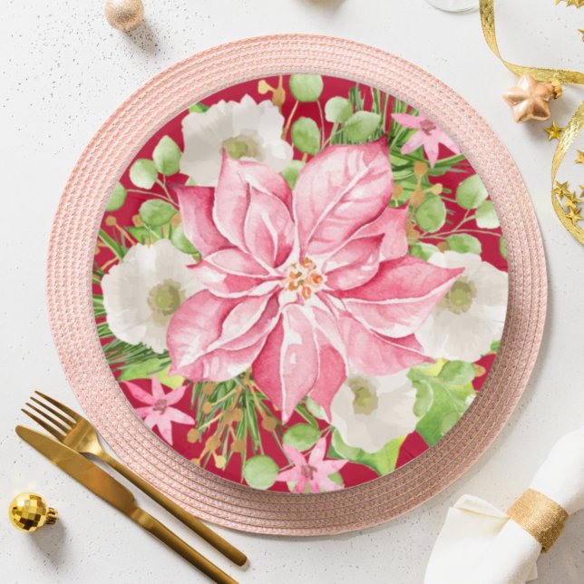 Christmas Poinsettia Floral Red Holiday Paper Plates (Creator Uploaded)