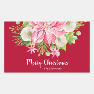 Christmas Poinsettia Floral Red Holiday Rectangular Sticker