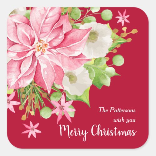 Christmas Poinsettia Floral Red Holiday Square Sticker