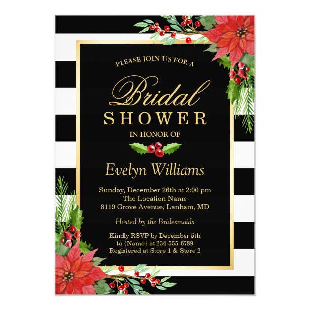 Christmas Poinsettia Floral Striped Bridal Shower Invitation