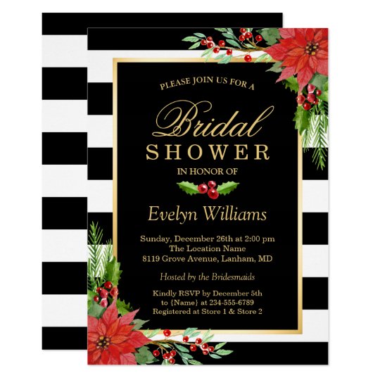 Christmas Poinsettia Floral Striped Bridal Shower Invitation