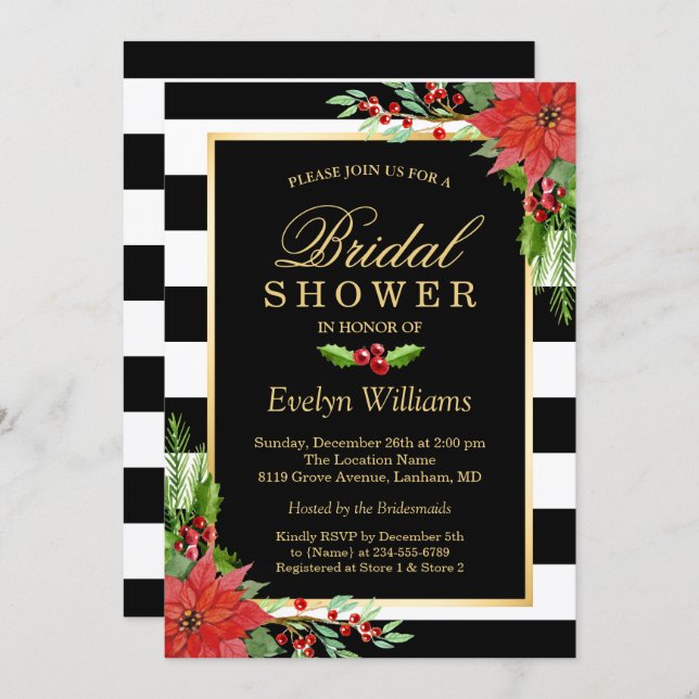 Christmas Poinsettia Floral Striped Bridal Shower Invitation (Front/Back)
