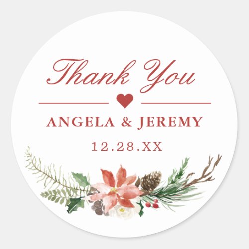 Christmas Poinsettia Floral Thank You Favor Classic Round Sticker