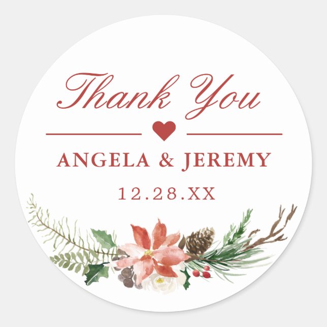 Christmas Poinsettia Floral Thank You Favor Classic Round Sticker (Front)