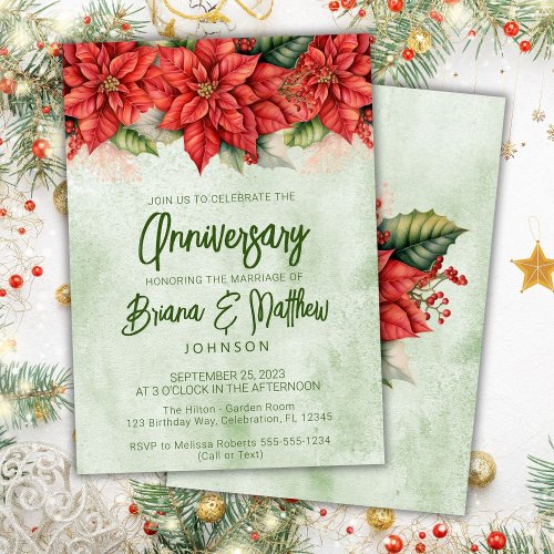 Christmas Poinsettia Floral Wedding Anniversary  Invitation