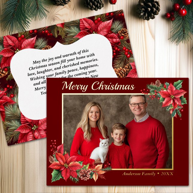 Christmas Poinsettia Flower Family Photo  Foil Holiday Postcard (Christmas Poinsettia Flower Family Photo Foil Holiday Postcard)