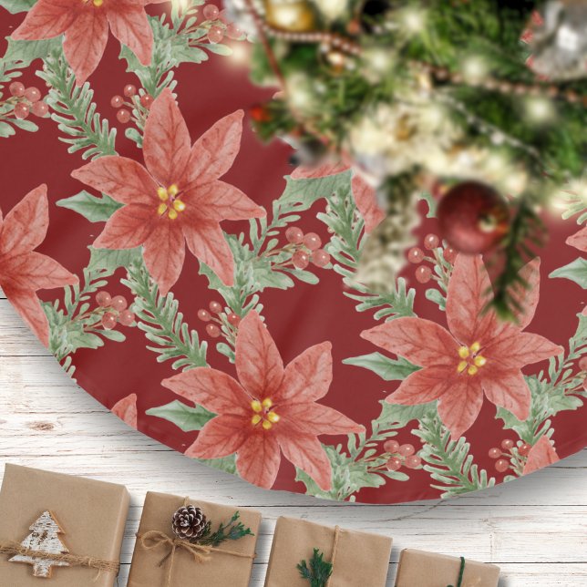 Christmas Poinsettia Flower Red Green Botanical Brushed Polyester Tree Skirt (Creator Uploaded)