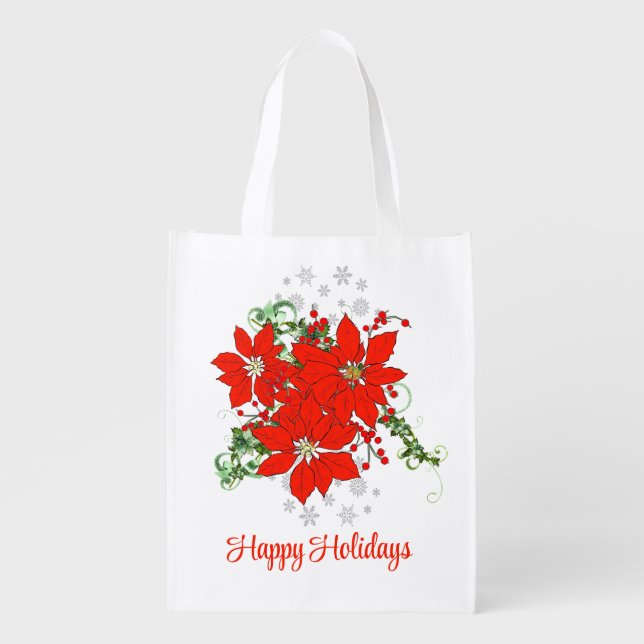 Christmas Poinsettia Flower Reusable Grocery Bag (Front)
