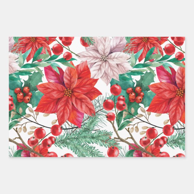 Christmas Poinsettia Flower Xmas Pattern Wrapping Paper Sheets (Front)