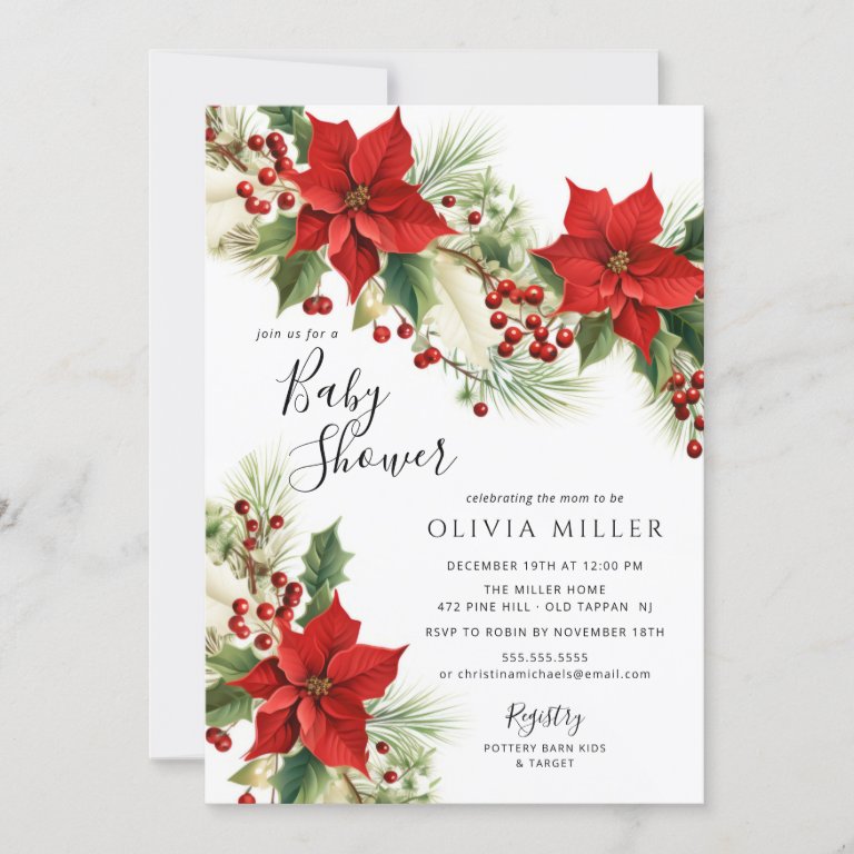 Christmas Poinsettia Flowers Baby Shower  Invitation