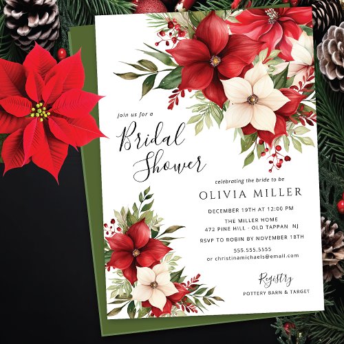 Christmas Poinsettia Flowers Bridal Shower  Invitation