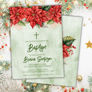 Christmas Poinsettia Flowers Floral Baptism Invitation