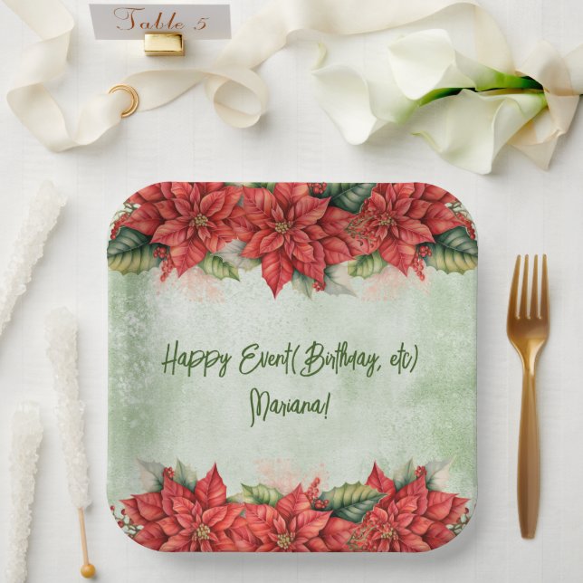 Christmas Poinsettia Flowers Floral Party Paper Plates (Wedding)