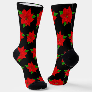 Christmas Poinsettia Flowers on Black Socks