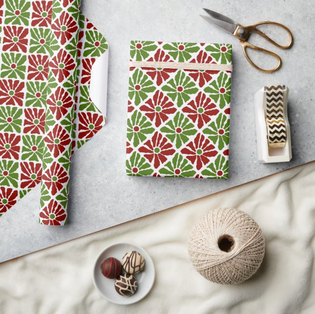 Christmas Poinsettia Funky Flowers Red and Green Wrapping Paper (Crafts)