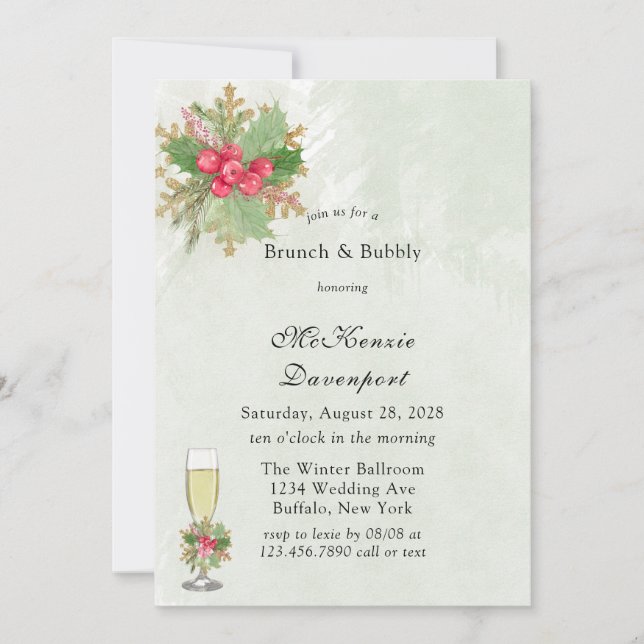 Christmas Poinsettia Gold Brunch & Bubbly Invitation (Front)