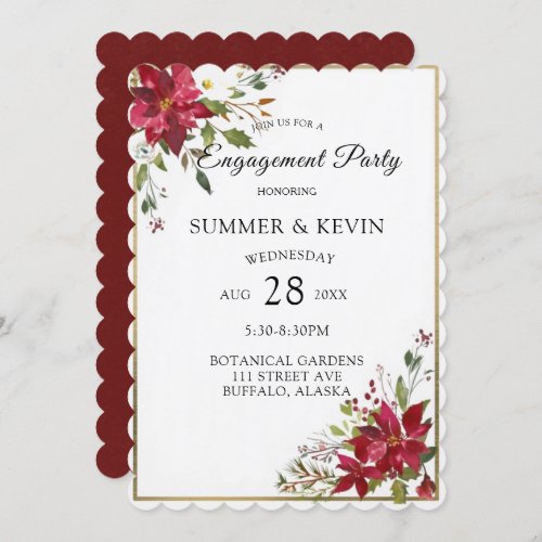 Christmas Poinsettia Gold Frame Engagement Party Invitation