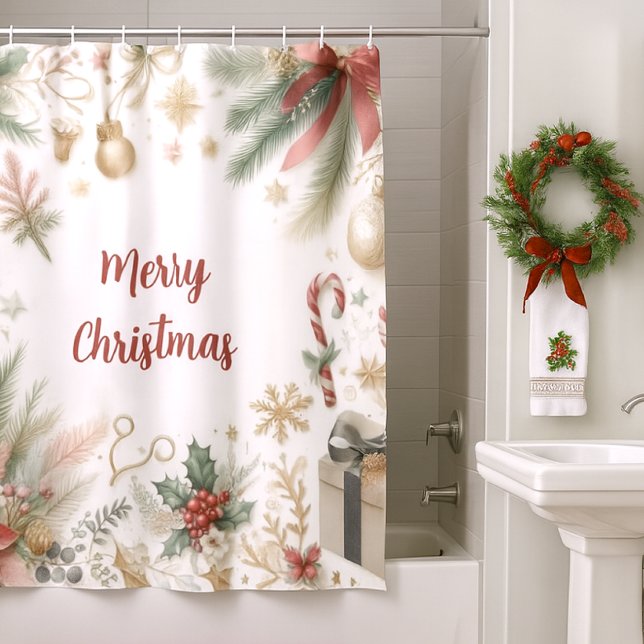 Christmas Poinsettia Gold Snowflake and Greenery  Shower Curtain (Elegantly designed Christmas shower curtain. )