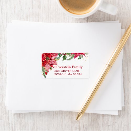 Christmas Poinsettia Gold Splatter Address Label