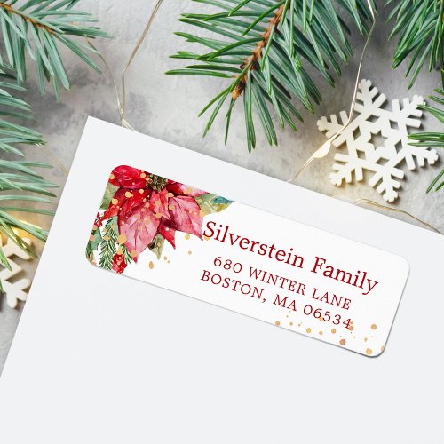 Christmas Poinsettia Gold Splatter Return Address Label