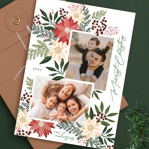 Christmas Poinsettia Green Photo Collage Holiday Card