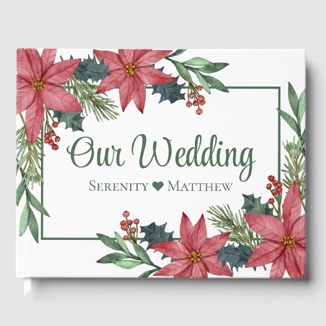 Christmas Poinsettia Green Red Floral Wedding Guest Book (Front)