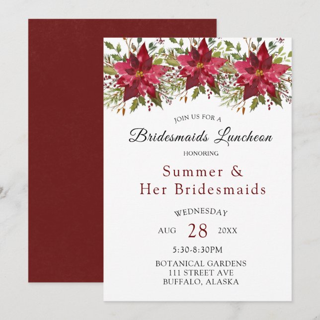 Christmas Poinsettia Greenery Bridesmaids Luncheon Invitation (Front/Back)