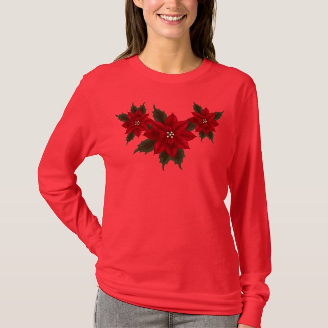 Christmas Poinsettia Hanes Deep Red LS  T-Shirt (Front)
