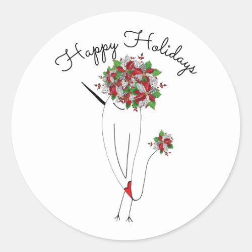 Christmas Poinsettia Happy Holidays Bird Classic Round Sticker