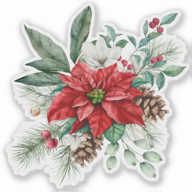 Christmas Poinsettia Holiday Bouquet Sticker (Front)