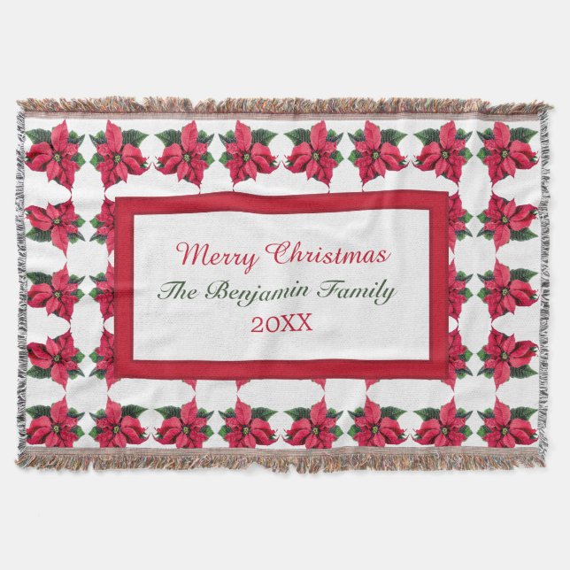 Christmas Poinsettia Holiday Family Personalize Throw Blanket (Front)