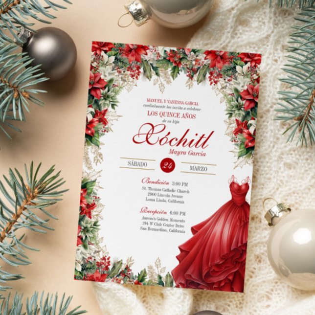 Christmas Poinsettia Holiday Flora Red Quinceañera Invitation (Creator Uploaded)