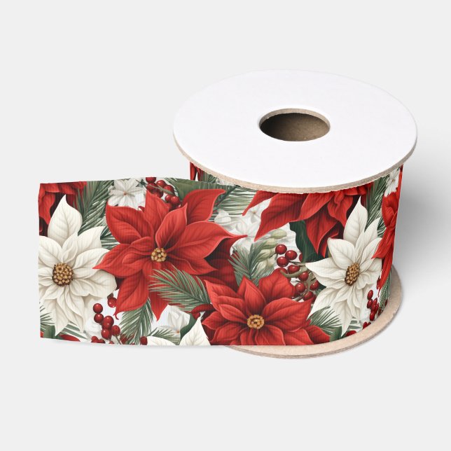 Christmas Poinsettia – Holiday Floral Design Grosgrain Ribbon (Spool)