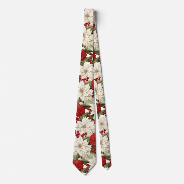 Christmas Poinsettia – Holiday Floral Design Neck Tie (Front)