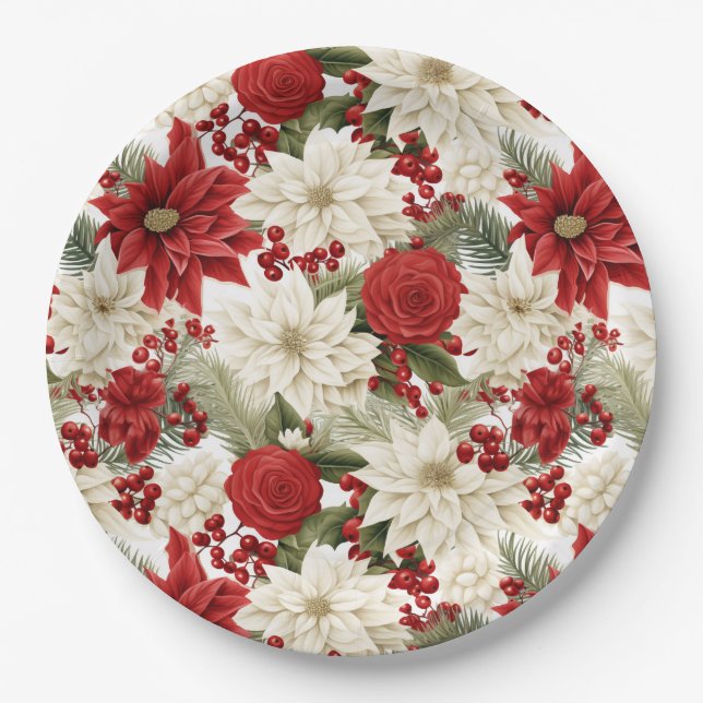 Christmas Poinsettia – Holiday Floral Design Paper Plates (Front)
